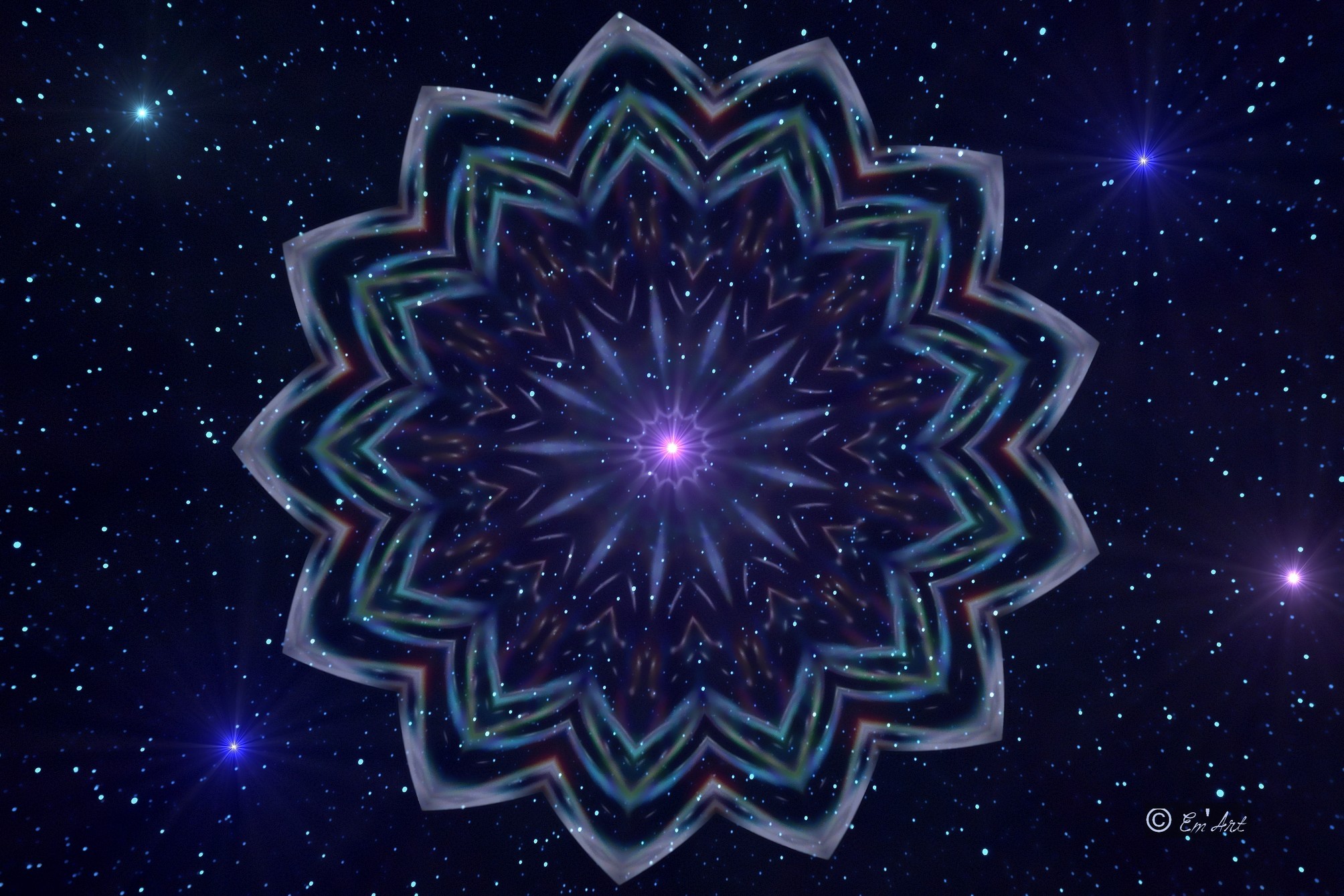Fleur Stellaire - Photographie composite fractale bleue par Emmanuelle Baudry