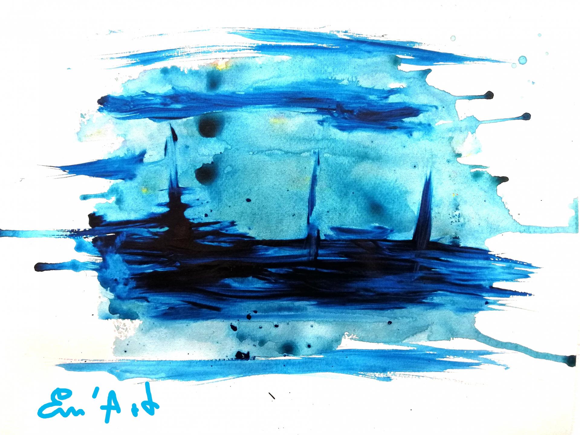 Gone with the Wind, blue abstract watercolour painting by Emmanuelle Baudry