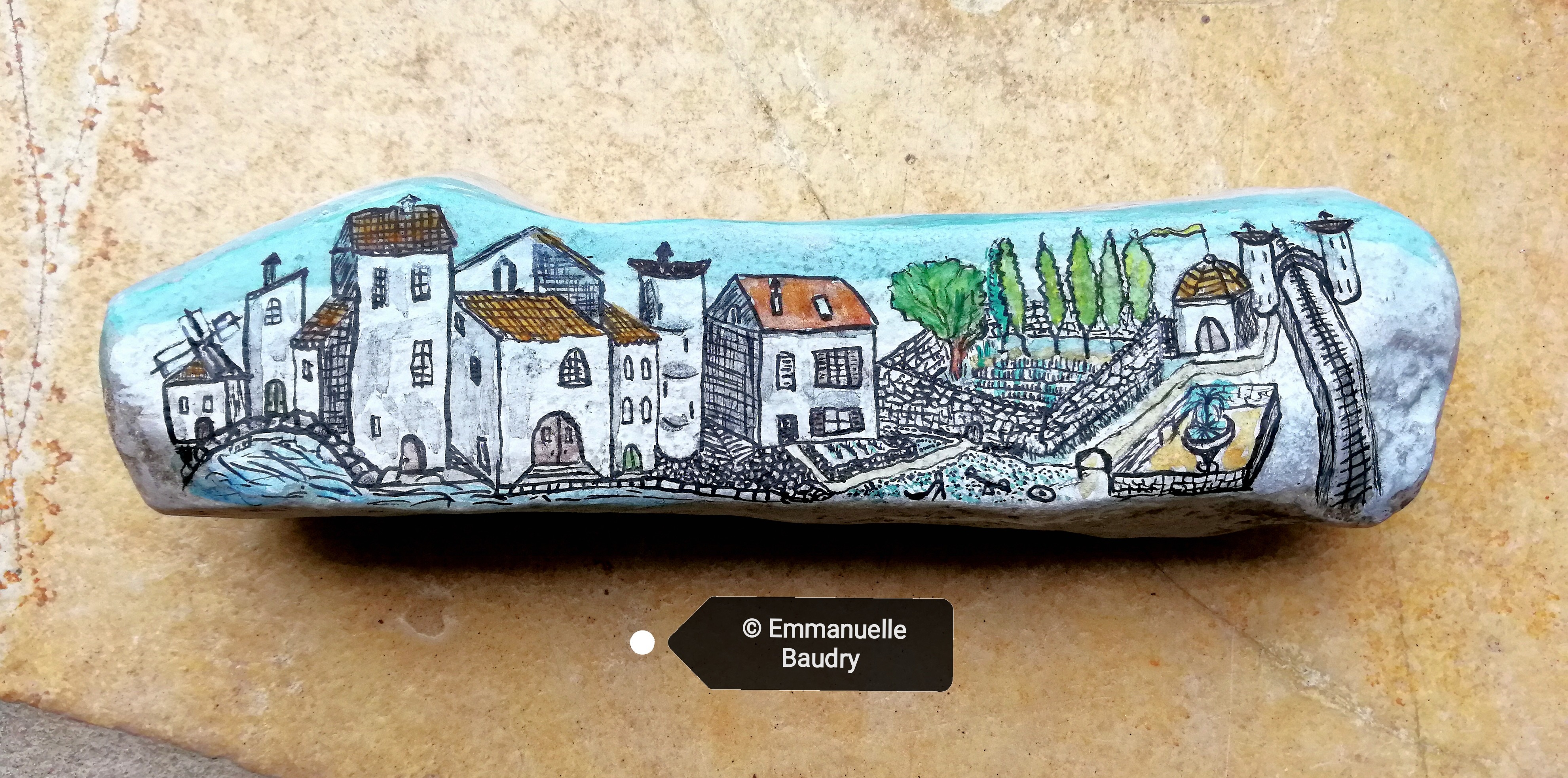 A little bit of Provence, mixed media drawing on Garrigues's stone by Emmanuelle Baudry