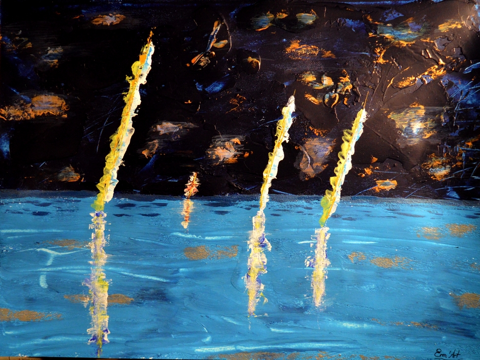 Crossing, sailing boats under the starring night in acrylic painting by Emmanuelle Baudry