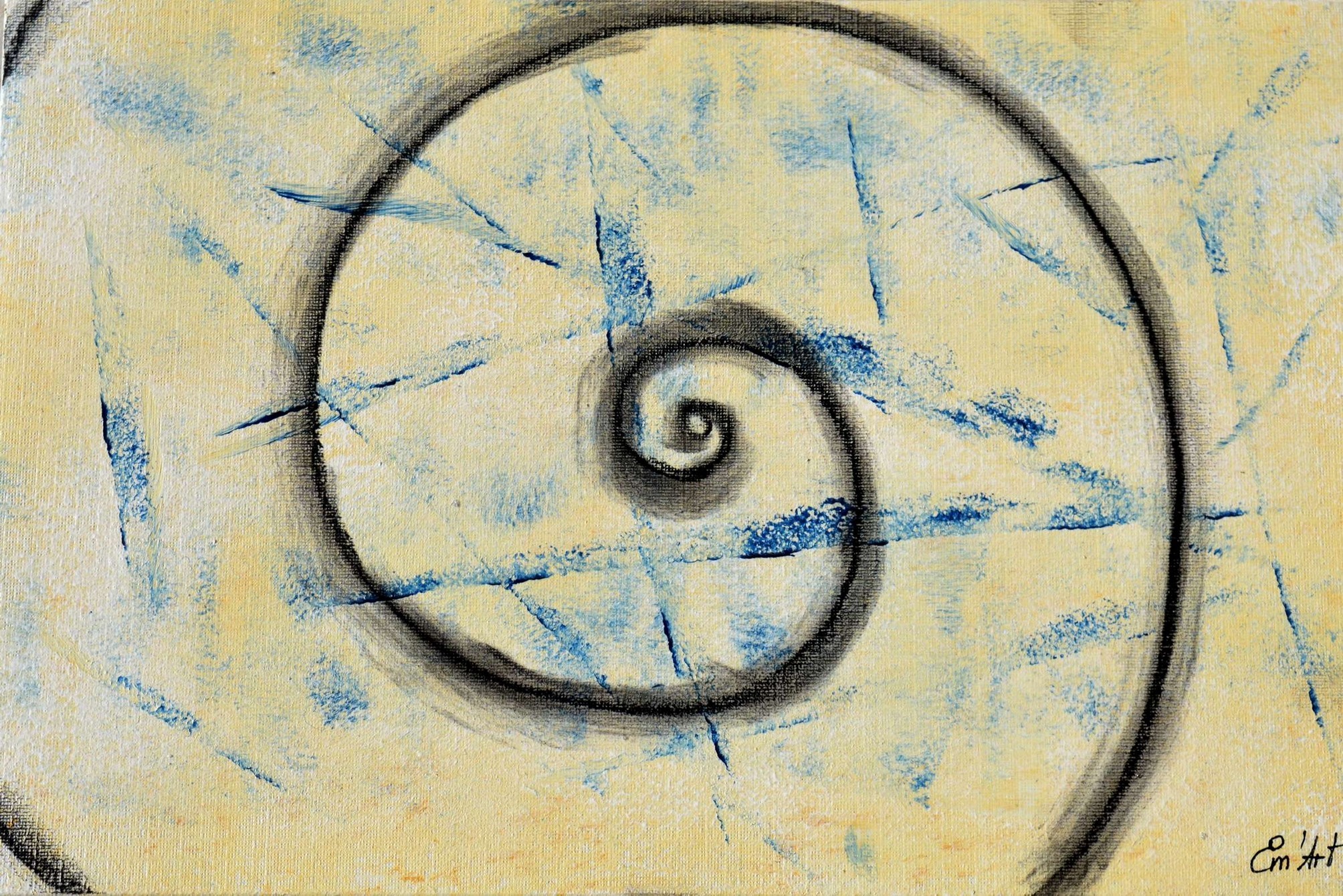 Vertige, peinture mixte - spirale jaune-bleu et  noir - par Emmanuelle Baudry