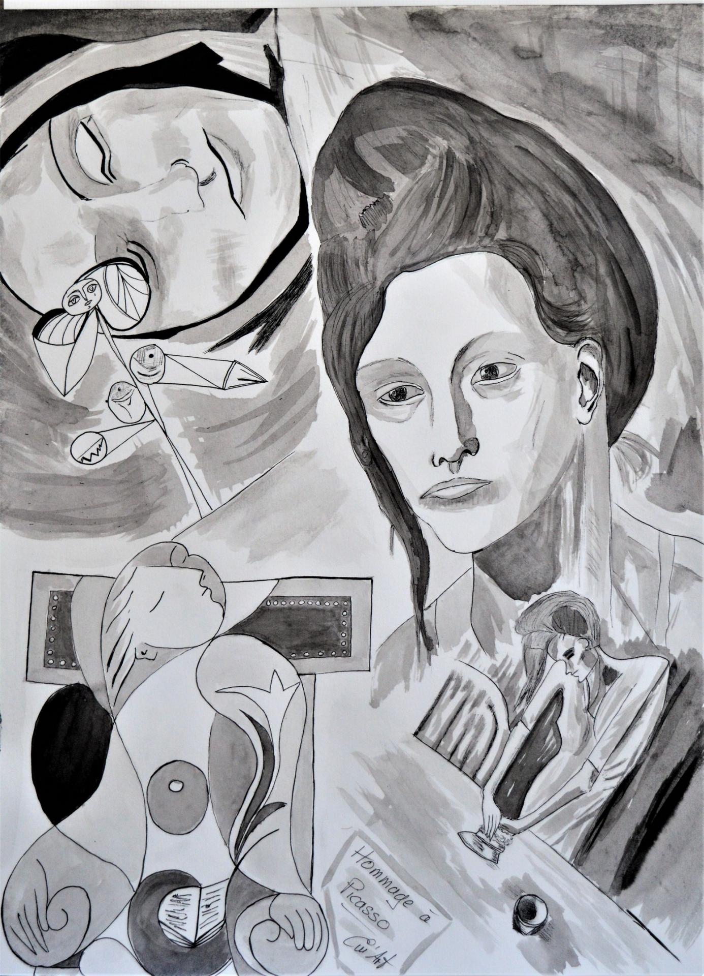 Tribute to Picasso III, india ink painting on paper by Emmanuelle Baudry