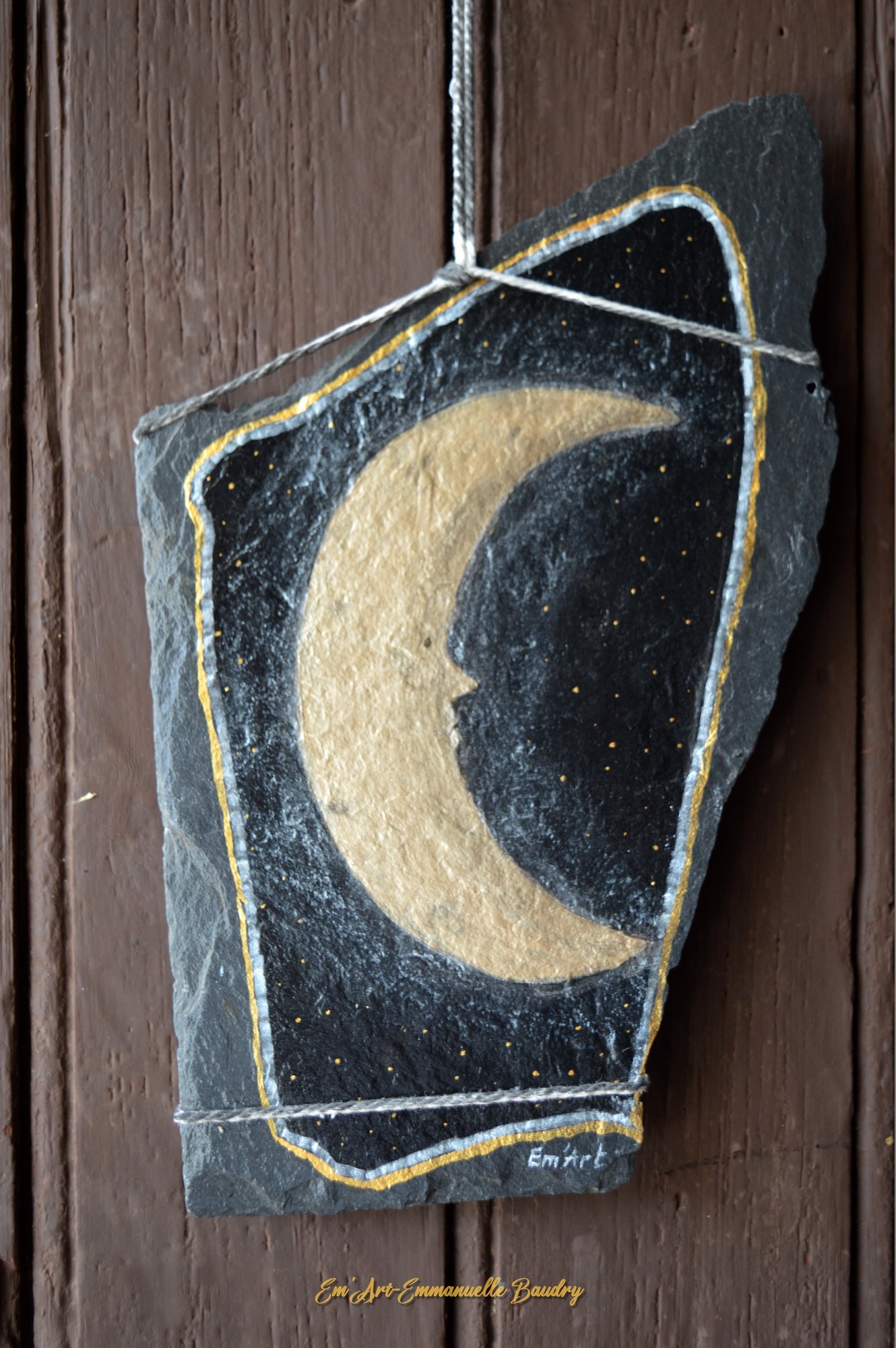 Gibbous Moon, acrylic & india ink painting on black slate tile by Emmanuelle Baudry