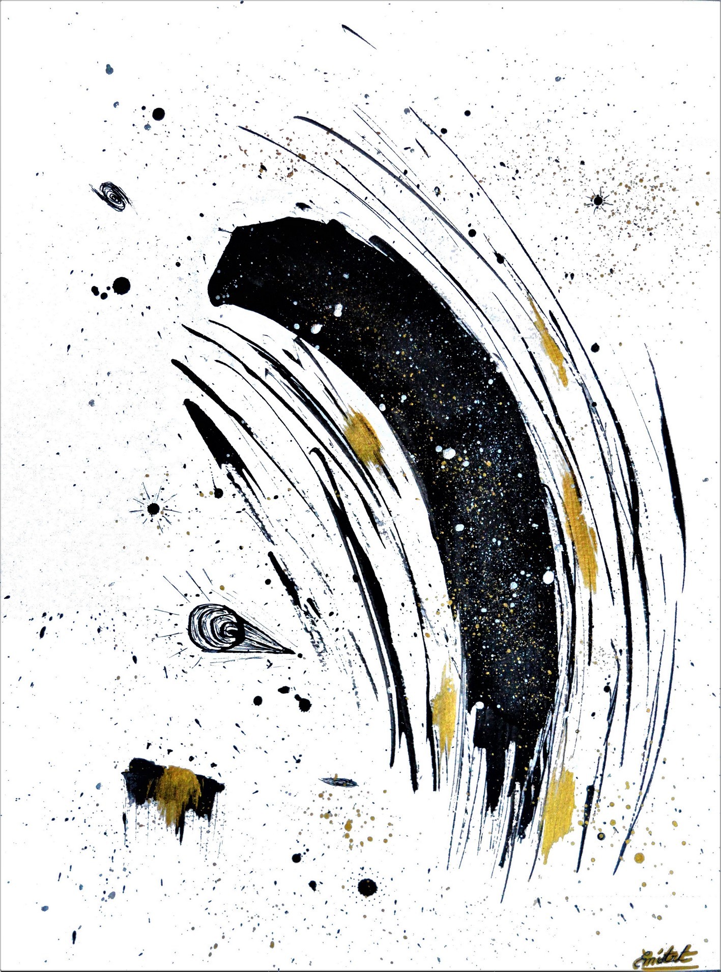Ouverture d'Esprit, peinture mixte abstraite noire et dorée par Emmanuelle Baudry